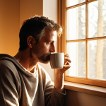 **Prompt 1:** A serene, sunlit early morning scene inside a cozy home. Soft golden light filters through a window, illuminating a calm individual (gender-neutral, around 30-40 years old) quietly sipping from a mug, deep in thought or gazing reflectively. The space is uncluttered, conveying a sense of peace, focus, and intentionality, before the day's distractions begin. No digital devices are visible. Realistic, warm tones, inviting atmosphere.