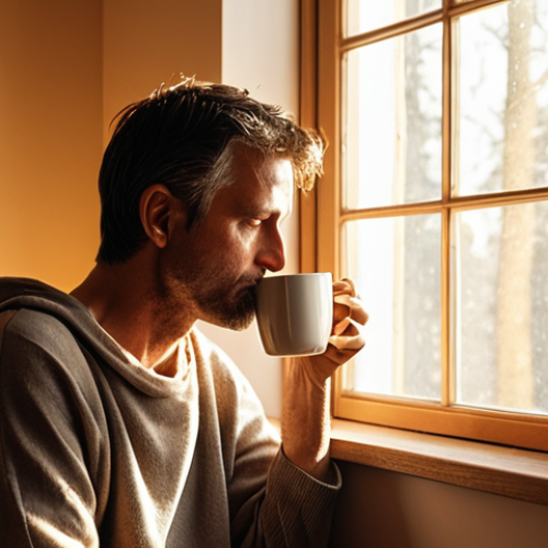 Home 24 **Prompt 1:** A serene, sunlit early morning scene inside a cozy home. Soft golden light filters through a window, illuminating a calm individual (gender-neutral, around 30-40 years old) quietly sipping from a mug, deep in thought or gazing reflectively. The space is uncluttered, conveying a sense of peace, focus, and intentionality, before the day's distractions begin. No digital devices are visible. Realistic, warm tones, inviting atmosphere.