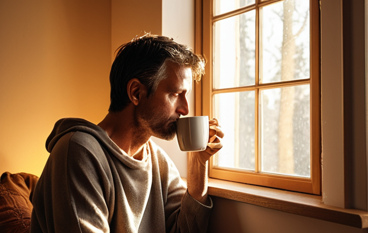 **Prompt 1:** A serene, sunlit early morning scene inside a cozy home. Soft golden light filters through a window, illuminating a calm individual (gender-neutral, around 30-40 years old) quietly sipping from a mug, deep in thought or gazing reflectively. The space is uncluttered, conveying a sense of peace, focus, and intentionality, before the day's distractions begin. No digital devices are visible. Realistic, warm tones, inviting atmosphere.
