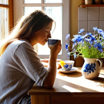 **

A cozy, sunlit Polish kitchen scene in the morning. A woman sits at a wooden table, sipping tea from a traditional ceramic mug. A "Dzień Dobry" (Good Morning) journal is open in front of her, and a small vase of fresh wildflowers (e.g., cornflowers or poppies) sits nearby. The scene emphasizes a sense of calm and mindful start to the day. Use soft, warm lighting.
**