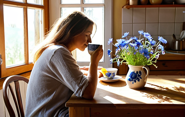 **

A cozy, sunlit Polish kitchen scene in the morning. A woman sits at a wooden table, sipping tea from a traditional ceramic mug. A "Dzień Dobry" (Good Morning) journal is open in front of her, and a small vase of fresh wildflowers (e.g., cornflowers or poppies) sits nearby. The scene emphasizes a sense of calm and mindful start to the day. Use soft, warm lighting.
**