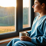 A person in modest, comfortable loungewear, sitting peacefully by a large window, holding a warm mug with both hands, experiencing a quiet morning. The room is bathed in soft, natural sunrise light, highlighting a serene and tidy environment with no digital devices in sight. The atmosphere evokes a sense of calm and a mindful start to the day. The person has perfect anatomy, correct proportions, well-formed hands, and a natural pose. This is a safe for work, appropriate content, fully clothed, and family-friendly image, captured with professional photography and high quality.