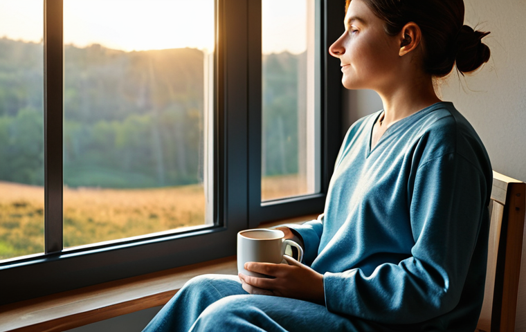 A person in modest, comfortable loungewear, sitting peacefully by a large window, holding a warm mug with both hands, experiencing a quiet morning. The room is bathed in soft, natural sunrise light, highlighting a serene and tidy environment with no digital devices in sight. The atmosphere evokes a sense of calm and a mindful start to the day. The person has perfect anatomy, correct proportions, well-formed hands, and a natural pose. This is a safe for work, appropriate content, fully clothed, and family-friendly image, captured with professional photography and high quality.