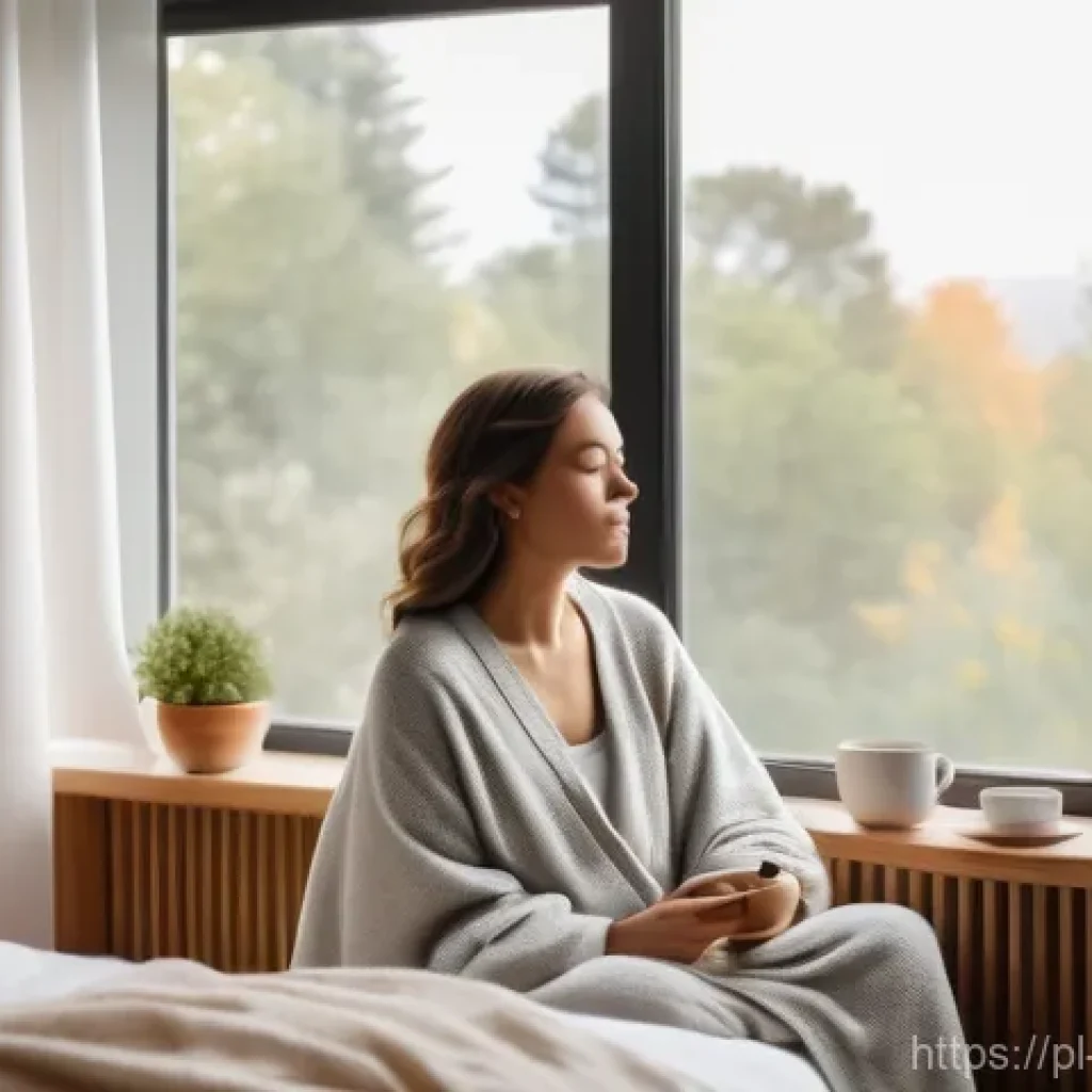 아침 루틴에서 수행할 수 있는 긍정적 행동 - **Mindful Morning Reflection**: A serene scene depicting a person (gender-neutral, 20s-30s) sitting ...