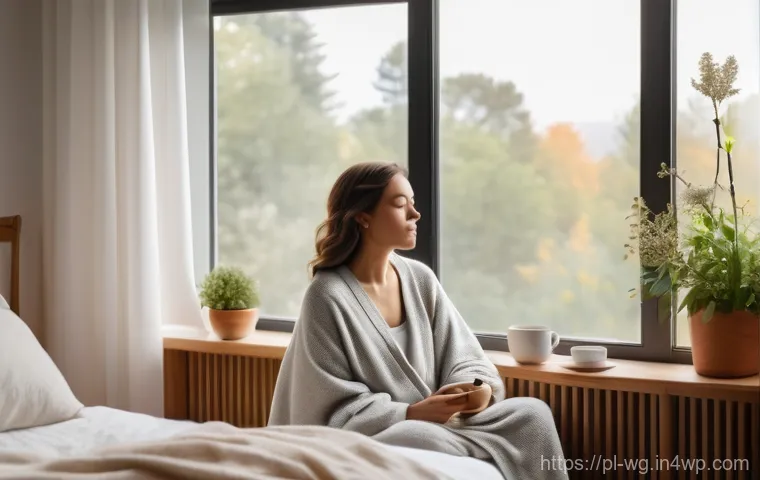 아침 루틴에서 수행할 수 있는 긍정적 행동 - **Mindful Morning Reflection**: A serene scene depicting a person (gender-neutral, 20s-30s) sitting ...