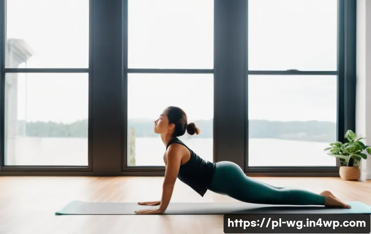 아침 루틴을 통해 얻는 신체적 이점 - A peaceful morning scene featuring a young adult woman in comfortable, modest workout attire gently ...