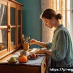 Home 22 아침 루틴을 위한 자기 관리 전략 - A cozy and serene Polish bedroom scene in the early morning light, featuring a woman preparing her o...