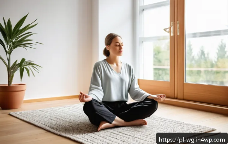 아침 루틴을 위한 성공적인 미니멀리즘 전략 - A peaceful morning scene in a modern Polish apartment featuring a young adult sitting cross-legged o...