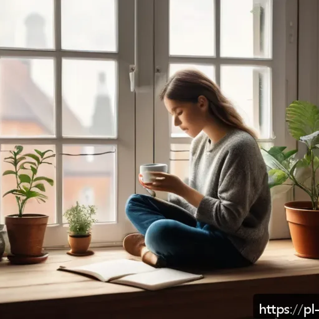 아침 루틴 속에서의 자기 반성 방법 - A serene early morning scene in a cozy Polish apartment, featuring a young adult sitting quietly on ...