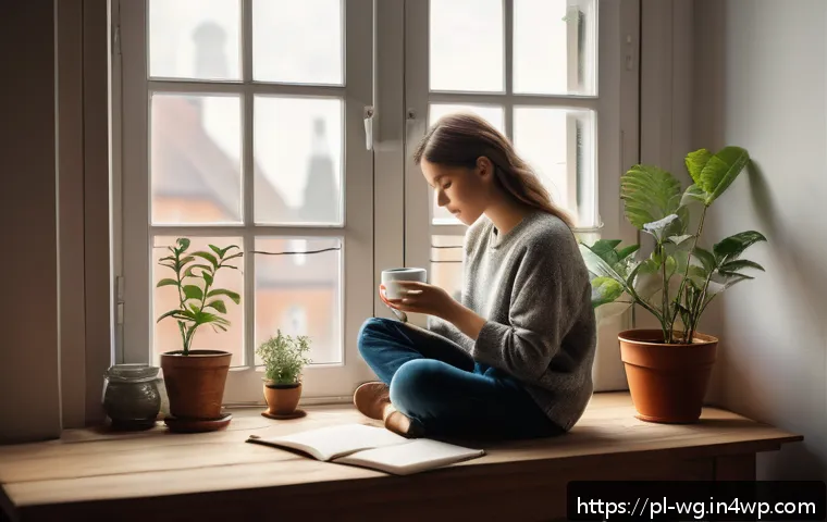 아침 루틴 속에서의 자기 반성 방법 - A serene early morning scene in a cozy Polish apartment, featuring a young adult sitting quietly on ...