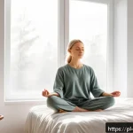 Home 23 아침 루틴을 효과적으로 기록하는 방법 - A cozy modern bedroom bathed in soft early morning light filtering through large windows, with a you...