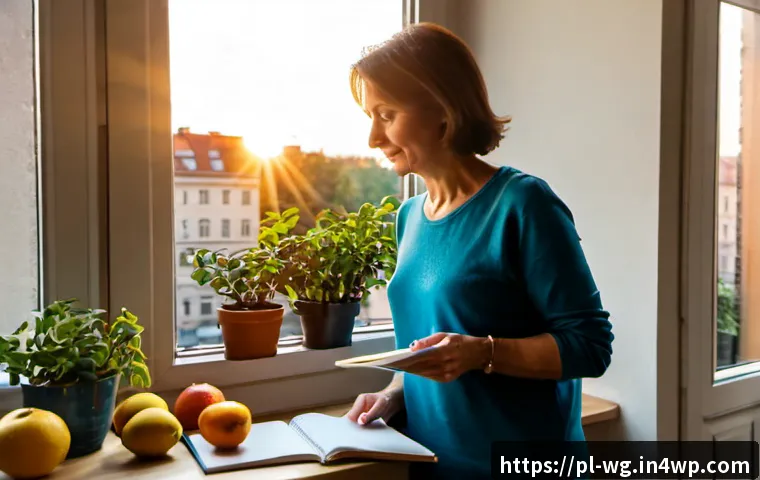 Home 17 아침 루틴을 통해 발견한 새로운 가능성 - Photorealistic early morning scene in a bright Warsaw apartment, a middle-aged woman in comfortable ...
