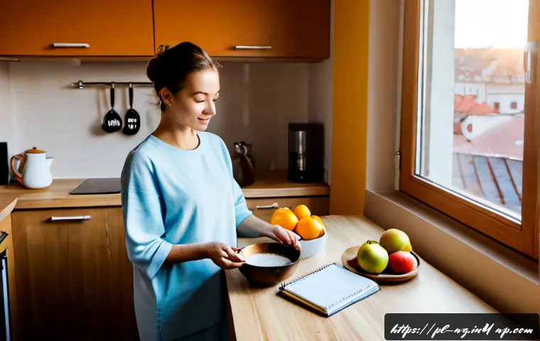 아침 루틴의 가치를 높이는 법 - Photorealistic morning routine scene in a bright Warsaw apartment kitchen, Polish adult woman in com...