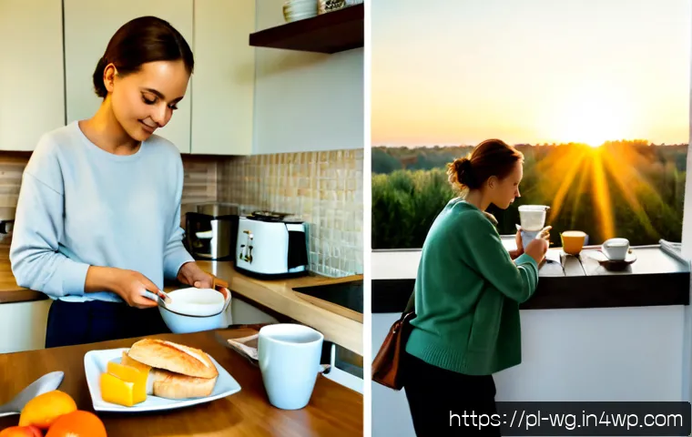 Home 30 아침 루틴과 주말의 차이점 - Photorealistic split-scene comparison of a Polish apartment kitchen: left side, a weekday morning wi...